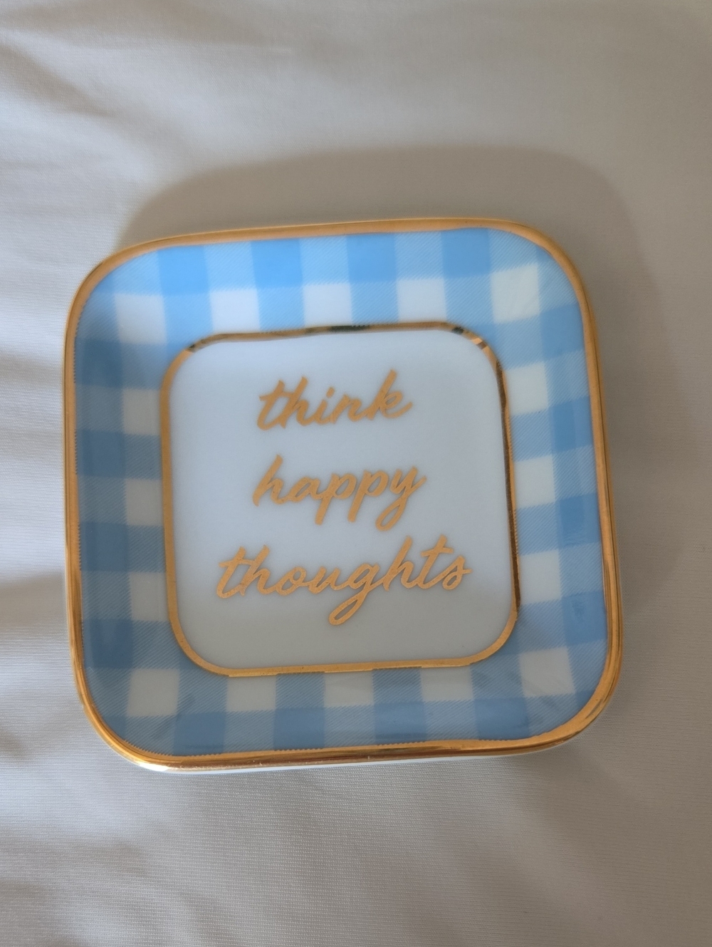 Think Happy Thoughts Trinket Dish - Blue Gingham with Gold Script Draper James